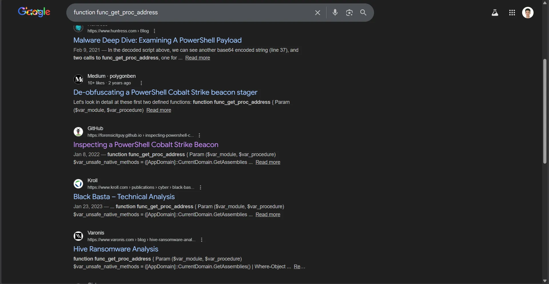 Google search result for Cobalt Strike function