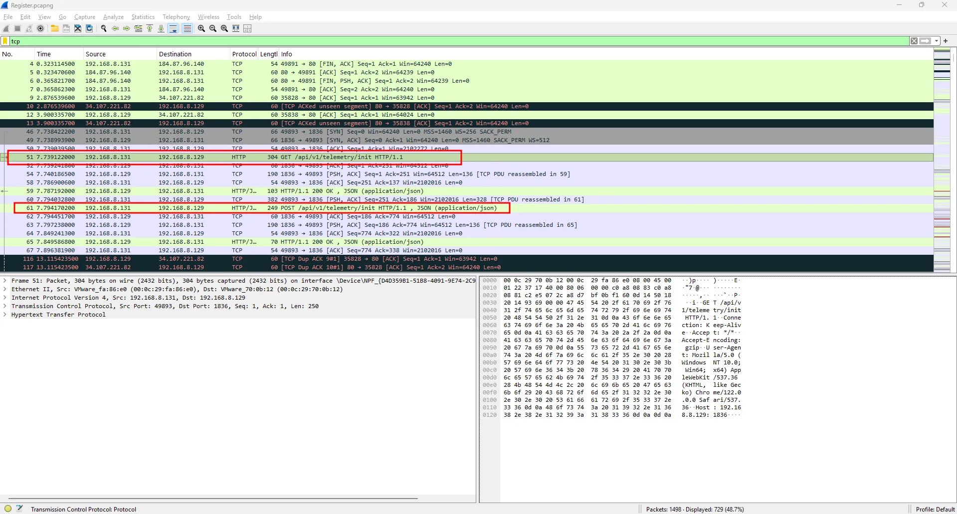 Suspicious API endpoints in TCP packets